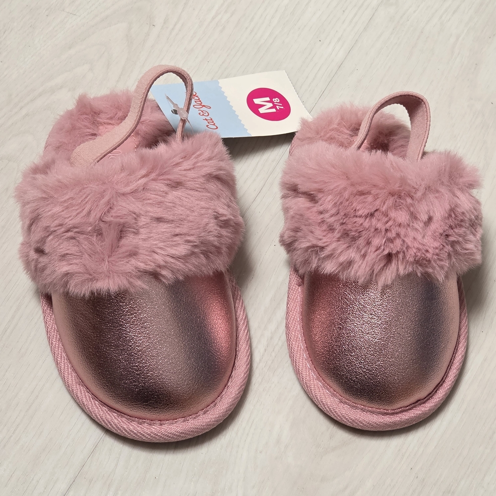 NWT Toddler Cat & Jack Pink Metallic w/Fur Sling back shoes/Slippers mixed Size - Picture 3 of 10